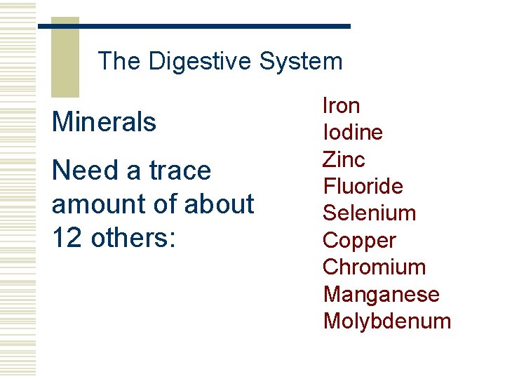 The Digestive System Minerals Need a trace amount of about 12 others: Iron Iodine