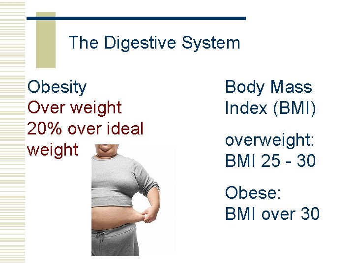 The Digestive System Obesity Over weight 20% over ideal weight Body Mass Index (BMI)