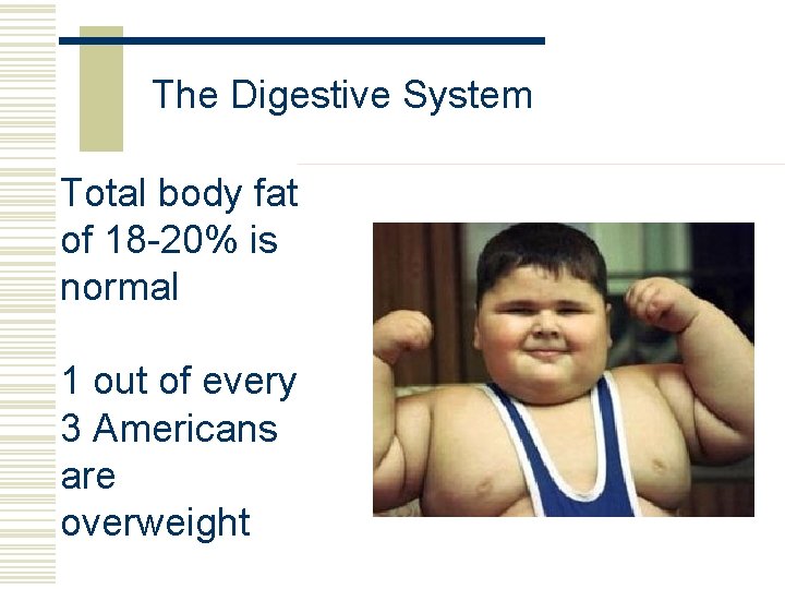The Digestive System Total body fat of 18 -20% is normal 1 out of