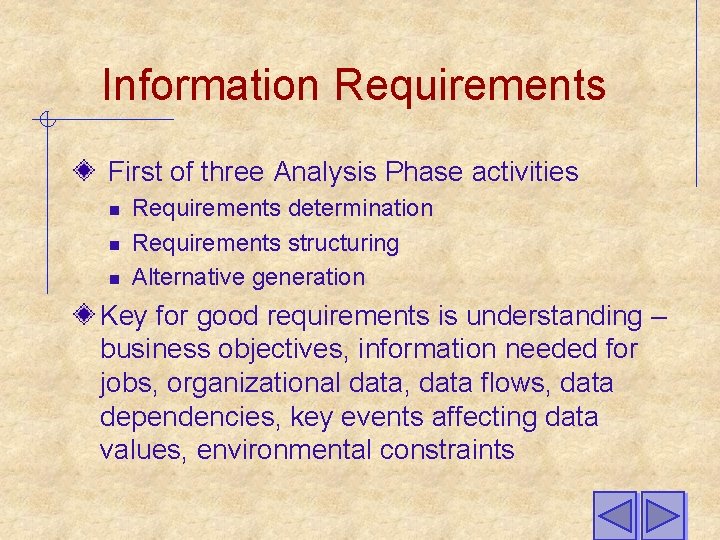 Information Requirements First of three Analysis Phase activities n n n Requirements determination Requirements