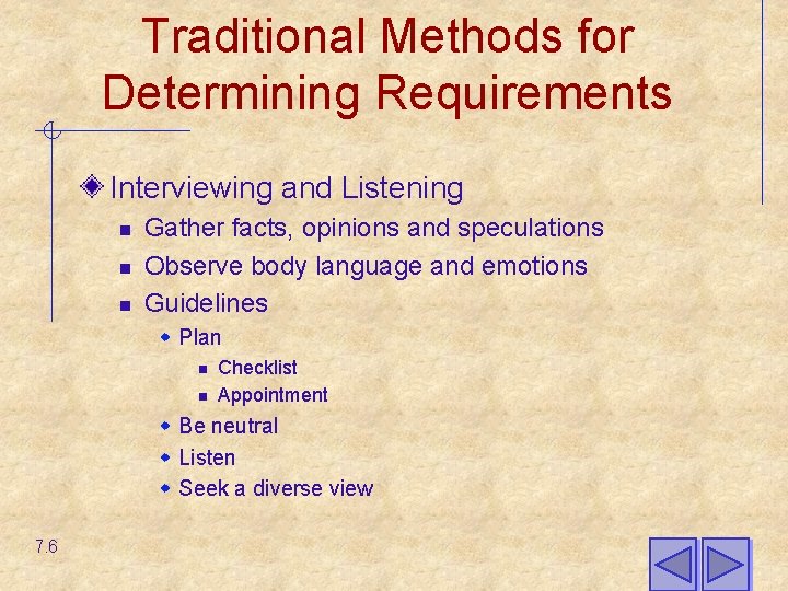 Traditional Methods for Determining Requirements Interviewing and Listening n n n Gather facts, opinions