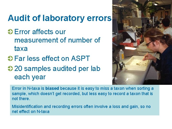 Audit of laboratory errors Error affects our measurement of number of taxa Far less