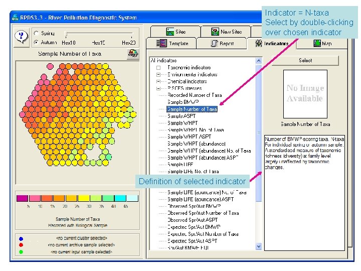 Indicator = N-taxa Select by double-clicking over chosen indicator Definition of selected indicator 