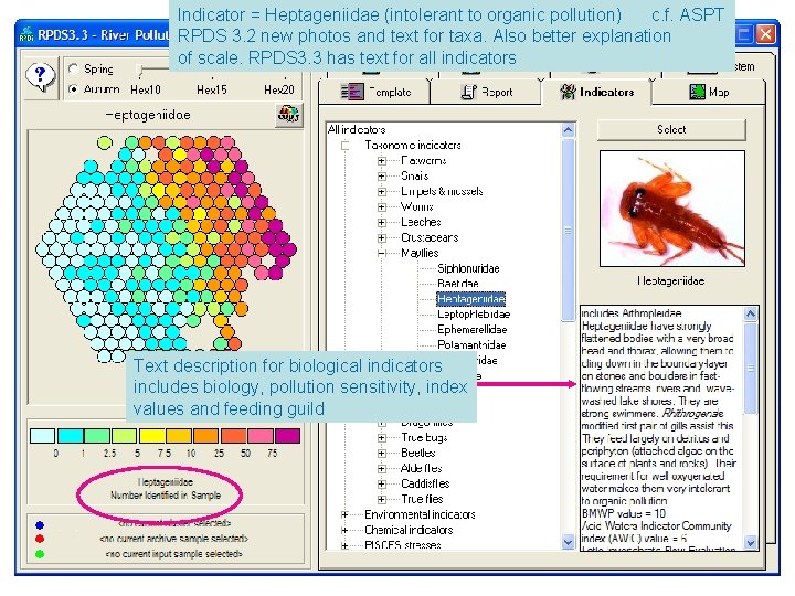 Indicator = Heptageniidae (intolerant to organic pollution) c. f. ASPT RPDS 3. 2 new