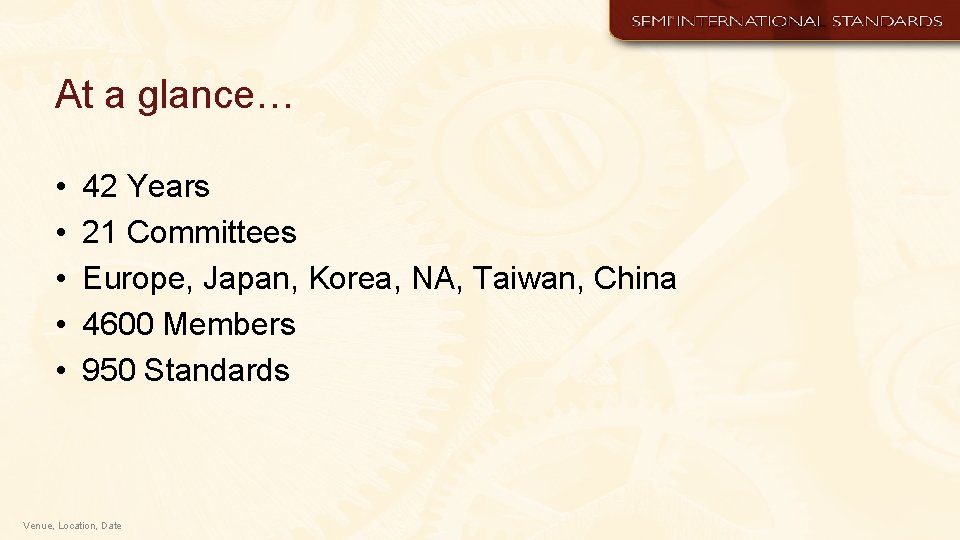At a glance… • • • 42 Years 21 Committees Europe, Japan, Korea, NA,