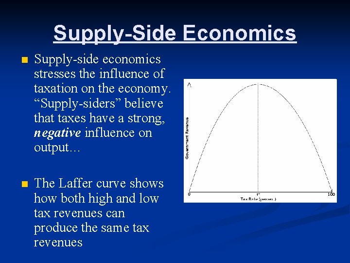 Supply-Side Economics n Supply-side economics stresses the influence of taxation on the economy. “Supply-siders”