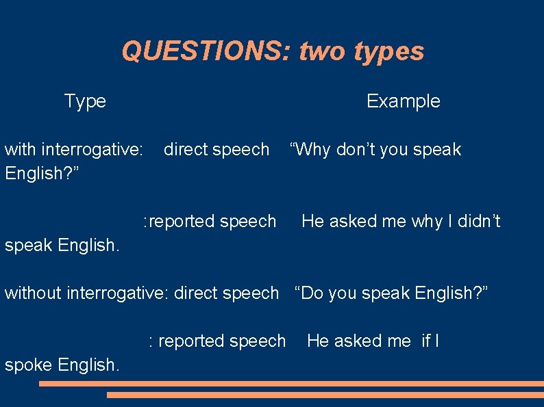 QUESTIONS: two types Type Example with interrogative: English? ” direct speech : reported speech