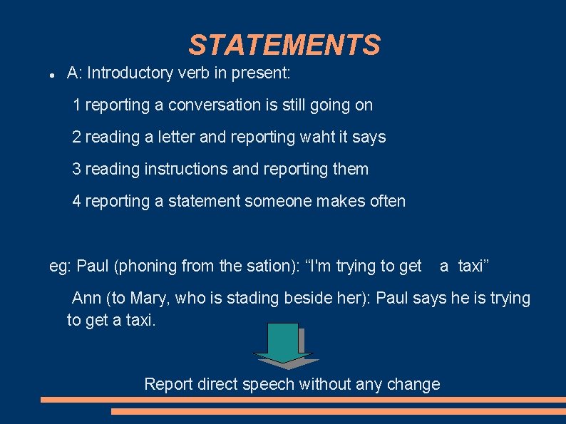 STATEMENTS A: Introductory verb in present: 1 reporting a conversation is still going on