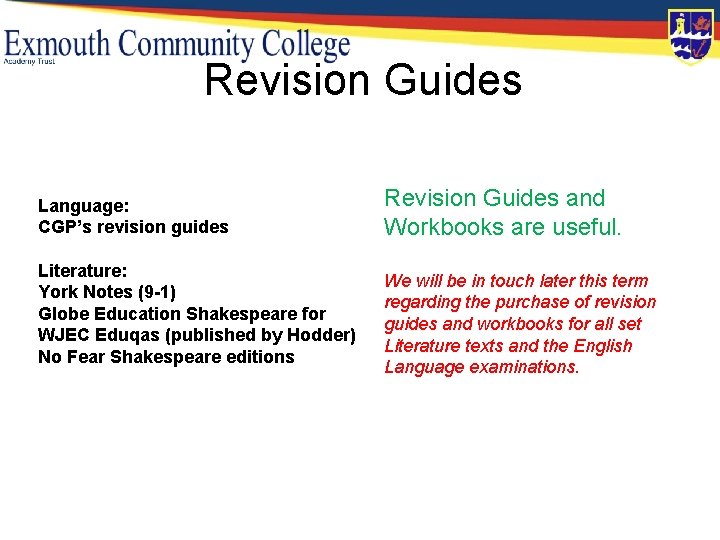 Revision Guides Language: CGP’s revision guides Literature: York Notes (9 -1) Globe Education Shakespeare