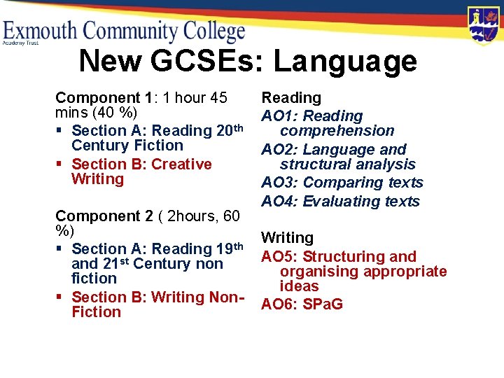 New GCSEs: Language Component 1: 1 hour 45 mins (40 %) § Section A: