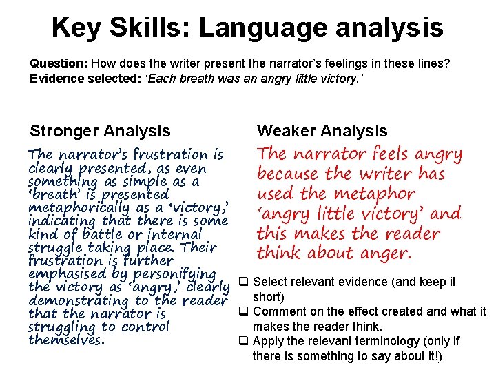 Key Skills: Language analysis Question: How does the writer present the narrator’s feelings in