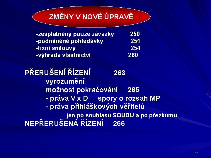 ZMĚNY V NOVÉ ÚPRAVĚ -zesplatněny pouze závazky -podmíněné pohledávky -fixní smlouvy -výhrada vlastnictví 250