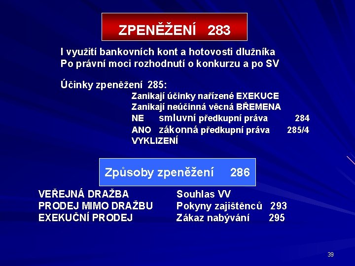 ZPENĚŽENÍ 283 I využití bankovních kont a hotovosti dlužníka Po právní moci rozhodnutí o