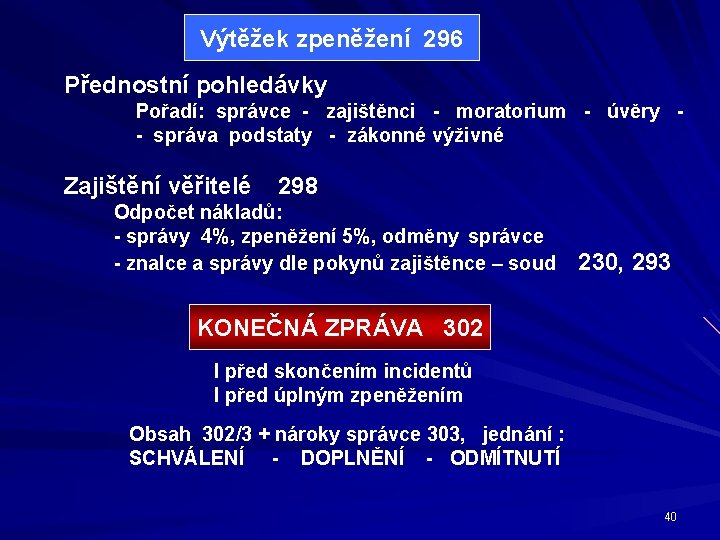 Výtěžek zpeněžení 296 Přednostní pohledávky Pořadí: správce - zajištěnci - moratorium - úvěry -