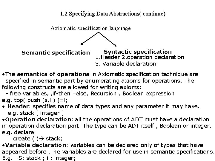 1. 2 Specifying Data Abstractions( continue) Axiomatic specification language Semantic specification Syntactic specification 1.
