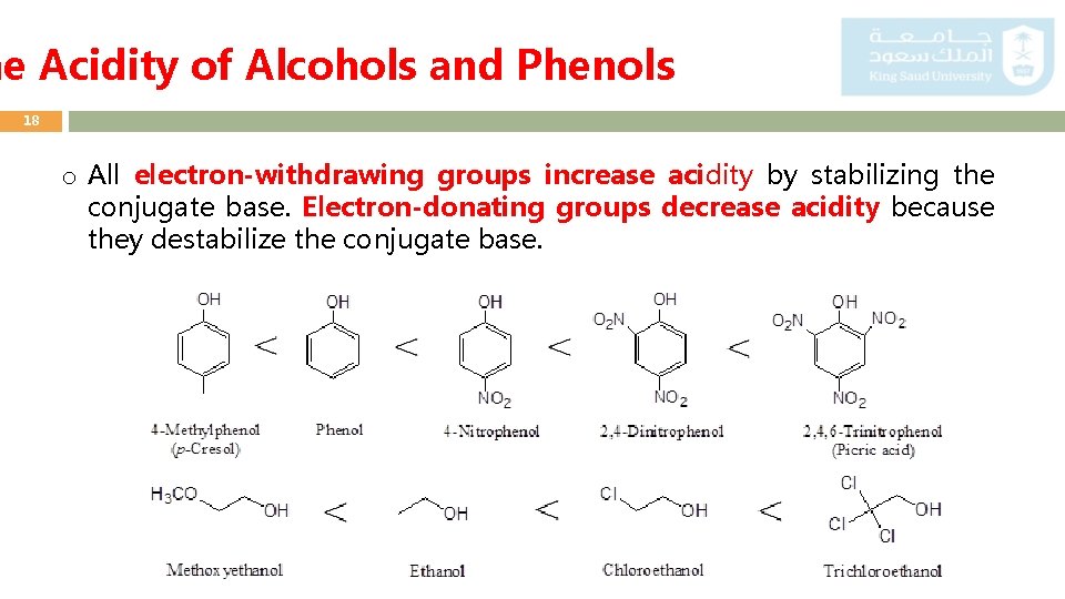 he Acidity of Alcohols and Phenols 18 o All electron-withdrawing groups increase acidity by