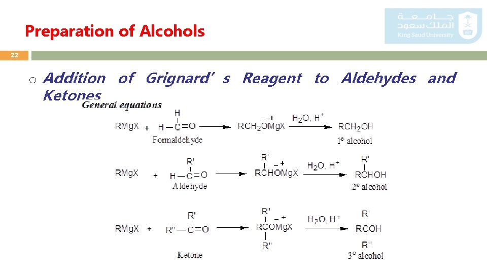 Preparation of Alcohols 22 o Addition of Grignard’s Reagent to Aldehydes and Ketones 