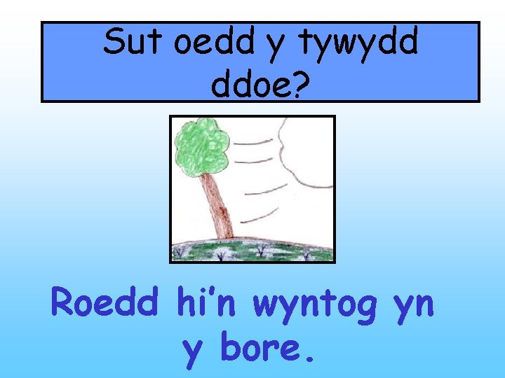 Sut oedd y tywydd ddoe? Roedd hi’n wyntog yn y bore. 