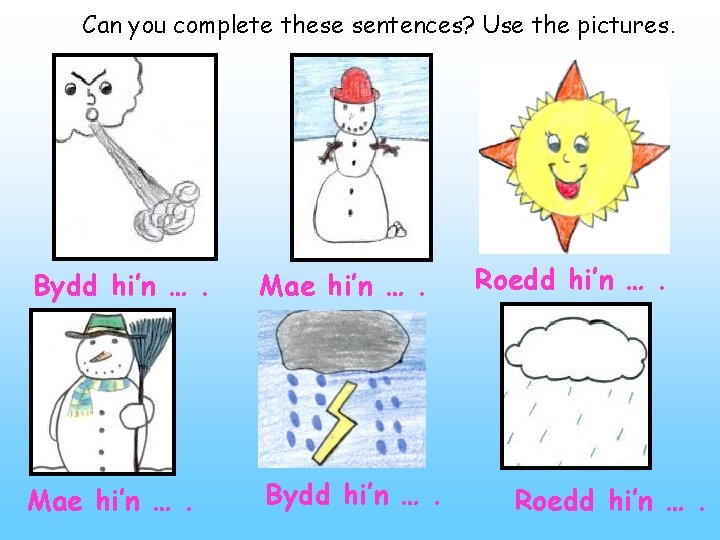 Can you complete these sentences? Use the pictures. Bydd hi’n …. Mae hi’n ….