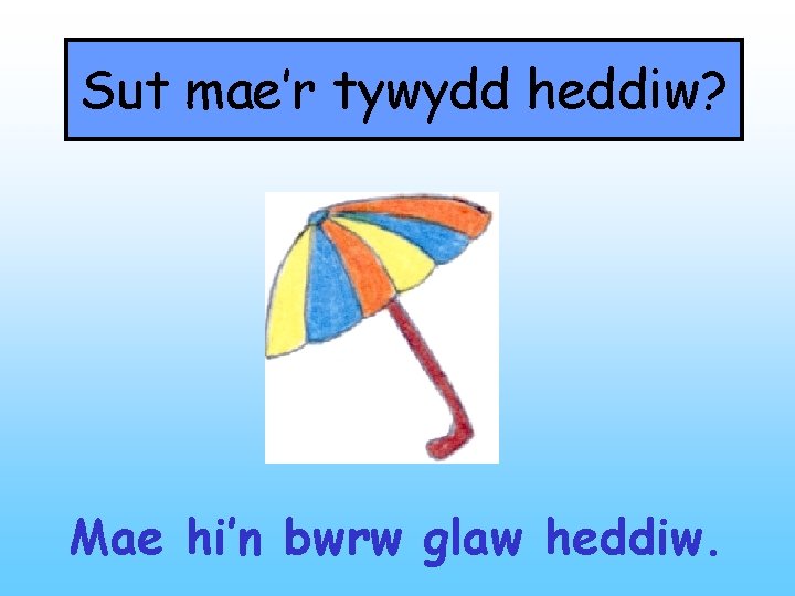 Sut mae’r tywydd heddiw? Mae hi’n bwrw glaw heddiw. 