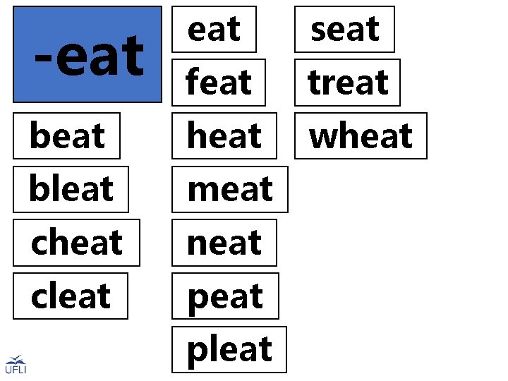 -eat seat feat treat beat heat wheat bleat meat cheat neat cleat pleat 