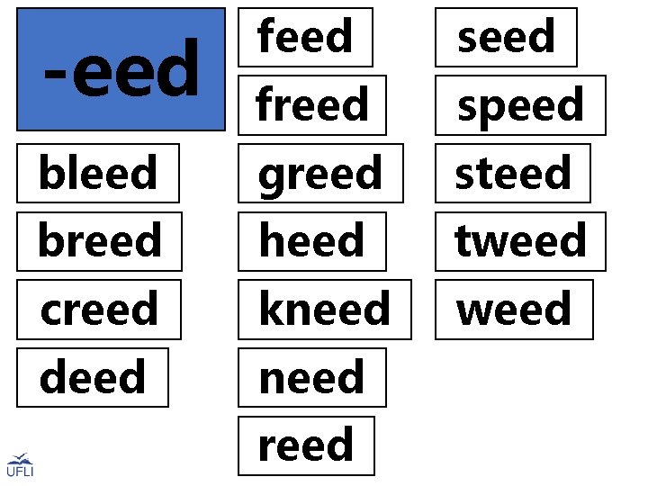 -eed feed seed freed speed bleed greed steed breed heed tweed creed kneed weed