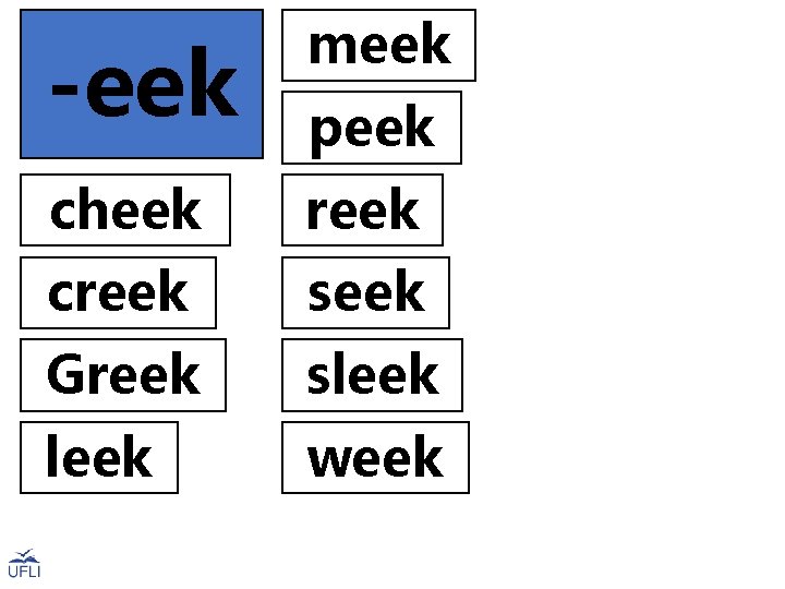 -eek meek cheek reek creek seek Greek sleek week peek 