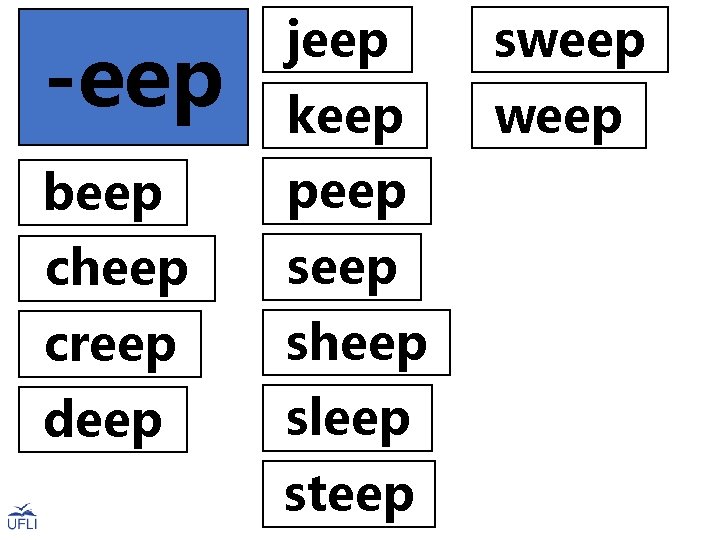 -eep jeep sweep keep weep beep peep cheep seep creep sheep deep sleep steep