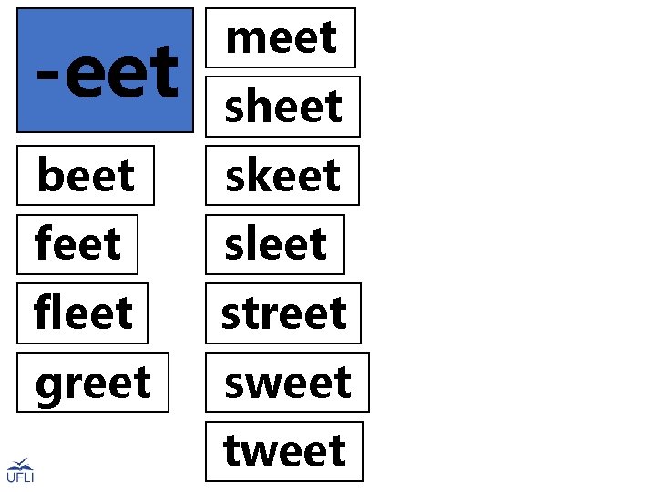 meet -eet sheet beet skeet feet sleet fleet street greet sweet tweet 