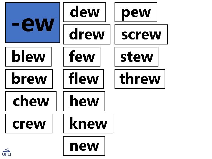 -ew dew pew drew screw blew few stew brew flew threw chew crew knew
