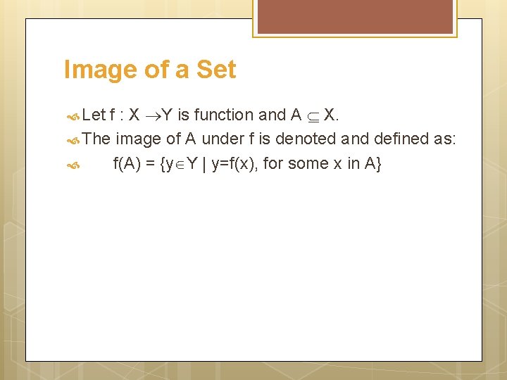Image of a Set f : X Y is function and A X. The