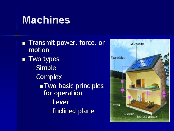 Machines n n Transmit power, force, or motion Two types – Simple – Complex