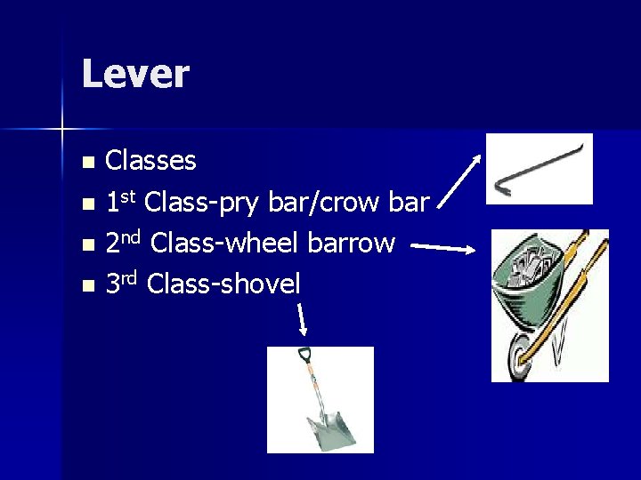Lever Classes n 1 st Class-pry bar/crow bar n 2 nd Class-wheel barrow n