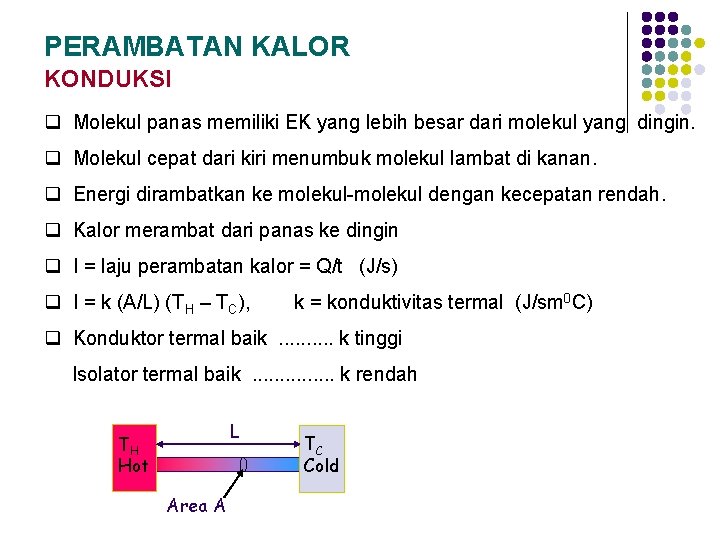 PERAMBATAN KALOR KONDUKSI q Molekul panas memiliki EK yang lebih besar dari molekul yang