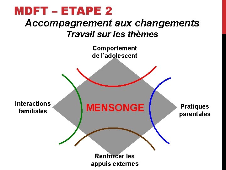 MDFT – ETAPE 2 Accompagnement aux changements Travail sur les thèmes Comportement de l’adolescent