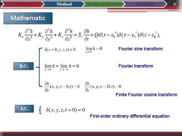 Introduction Method Results and Discussion Conclusion 9 Mathematic Fourier sine transform B. C. Fourier