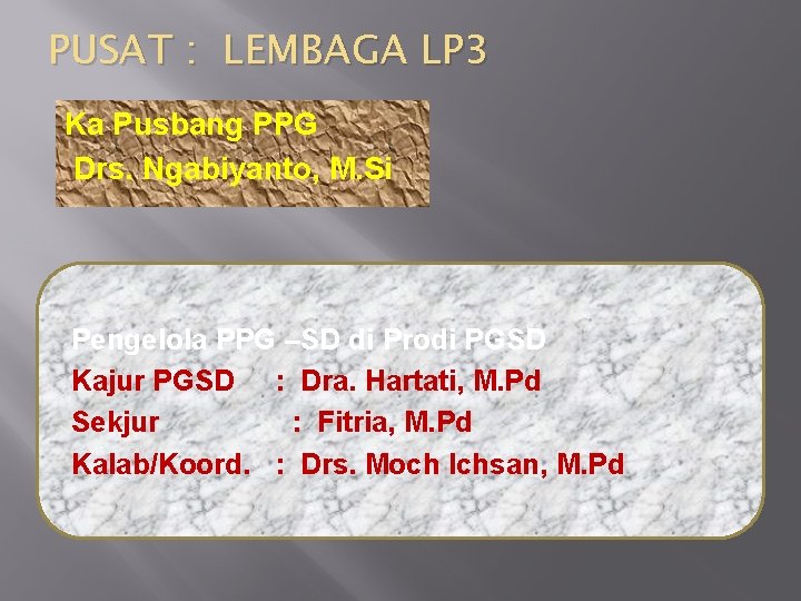 PUSAT : LEMBAGA LP 3 Ka Pusbang PPG Drs. Ngabiyanto, M. Si Pengelola PPG