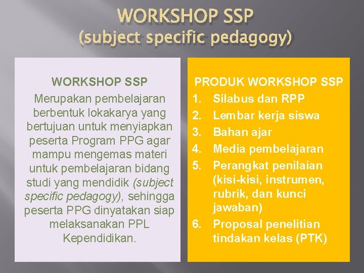 WORKSHOP SSP (subject specific pedagogy) WORKSHOP SSP Merupakan pembelajaran berbentuk lokakarya yang bertujuan untuk