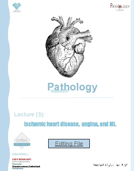Pathology teamwork Lecture (3): Ischemic heart disease, angina, and MI. Editing File Color Index
