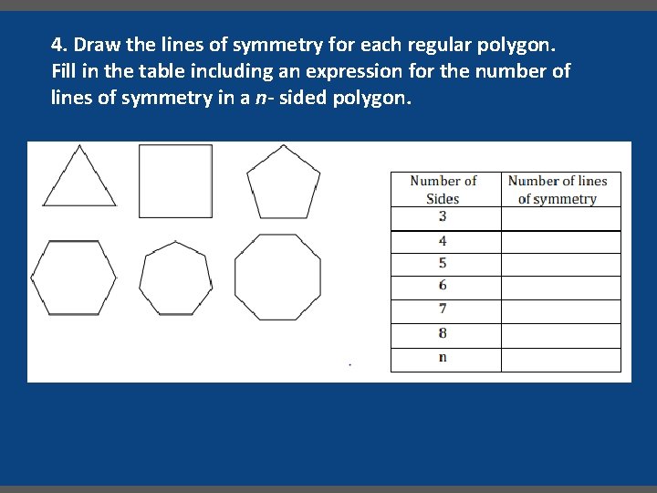 4. Draw the lines of symmetry for each regular polygon. Fill in the table