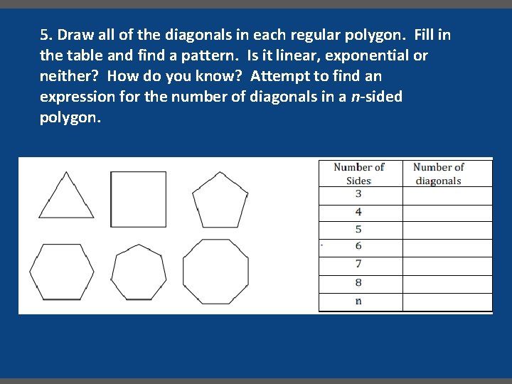 5. Draw all of the diagonals in each regular polygon. Fill in the table