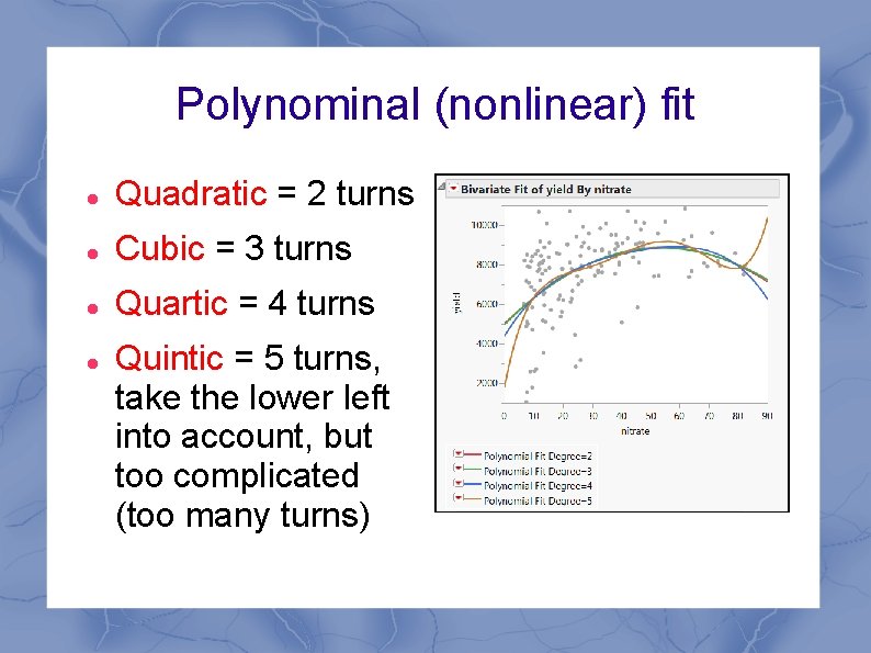 Polynominal (nonlinear) fit Quadratic = 2 turns Cubic = 3 turns Quartic = 4