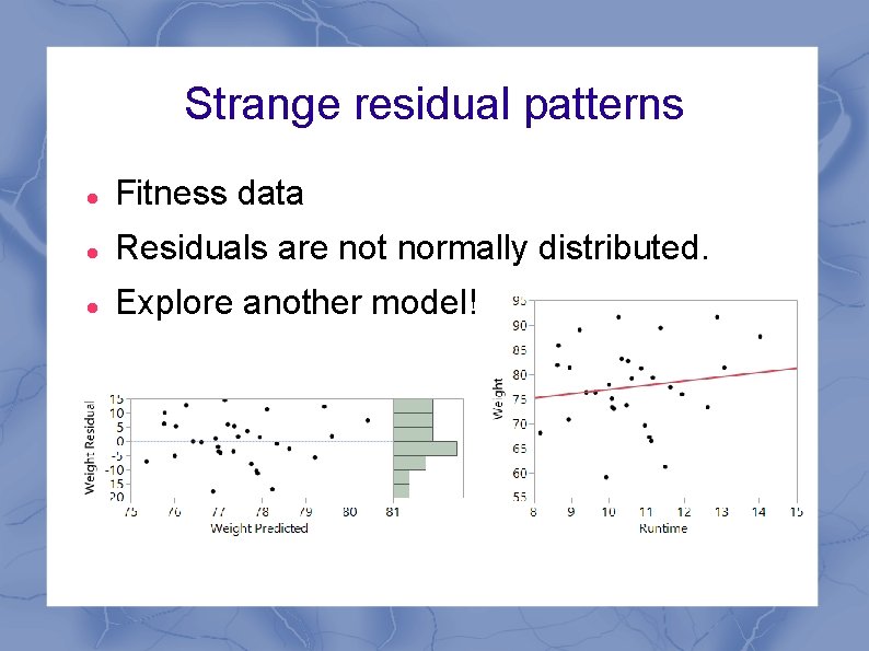 Strange residual patterns Fitness data Residuals are not normally distributed. Explore another model! 