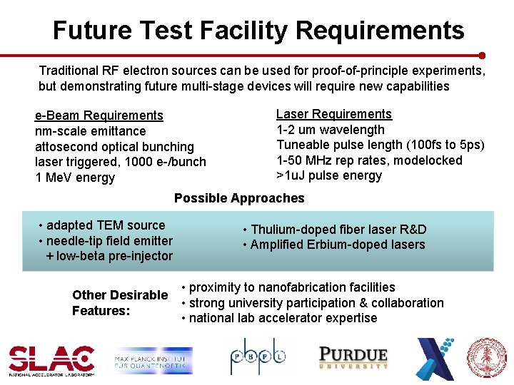 Future Test Facility Requirements Traditional RF electron sources can be used for proof-of-principle experiments,