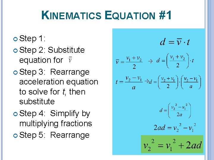 KINEMATICS EQUATION #1 Step 1: Step 2: Substitute equation for Step 3: Rearrange acceleration