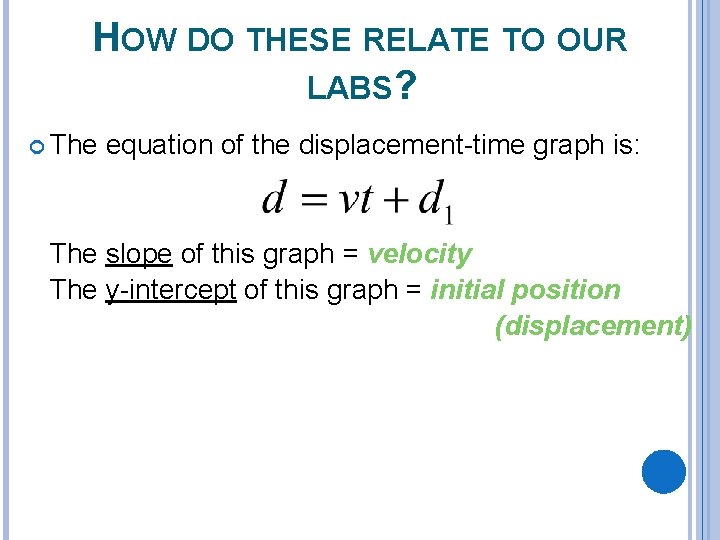 HOW DO THESE RELATE TO OUR LABS? The equation of the displacement-time graph is: