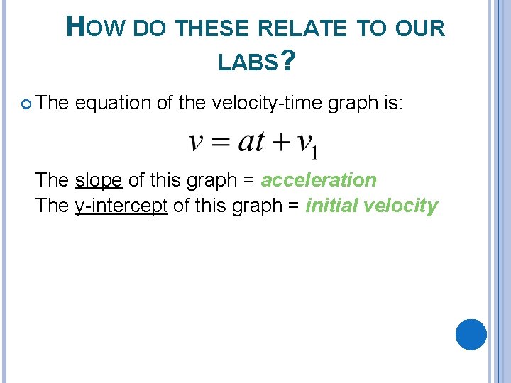 HOW DO THESE RELATE TO OUR LABS? The equation of the velocity-time graph is: