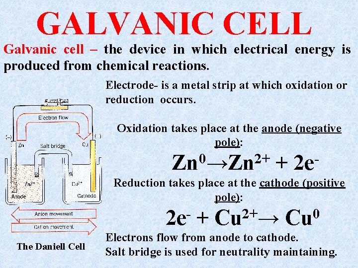 GALVANIC CELL Galvanic cell – the device in which electrical energy is produced from