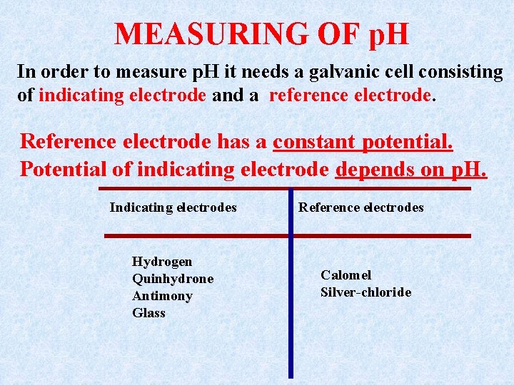 MEASURING OF p. H In order to measure p. H it needs a galvanic