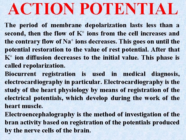 ACTION POTENTIAL The period of membrane depolarization lasts less than a second, then the